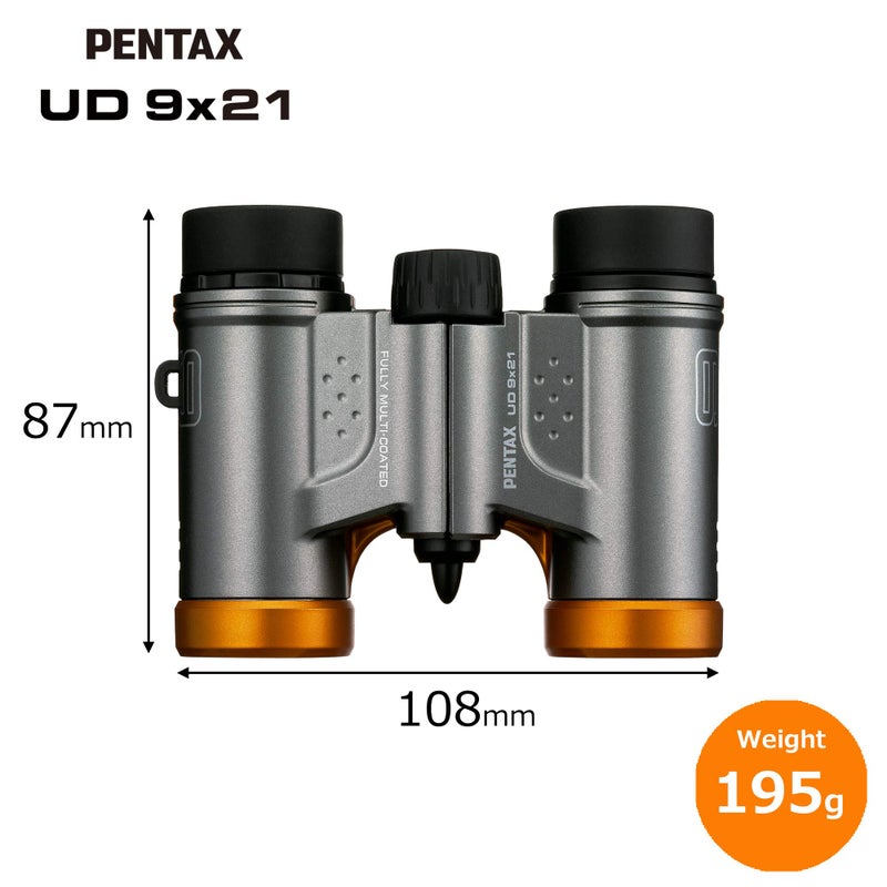 PENTAX Binoculars UD 9x21 - Gray and Orange. A bright and clear field of view, lightweight body with roof prism, Fully Multi-Coated optics, 9x magnification, ideal for concerts, sports, traveling. - Image 2